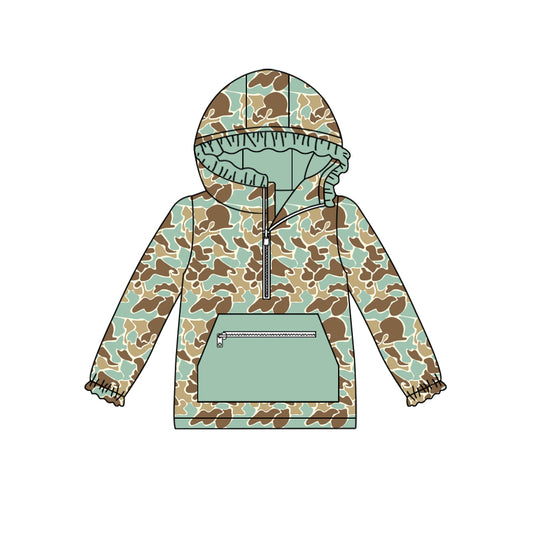 preorder GT0627 Teal Camouflage Zipper Pocket Lace Hooded Long Sleeve Top