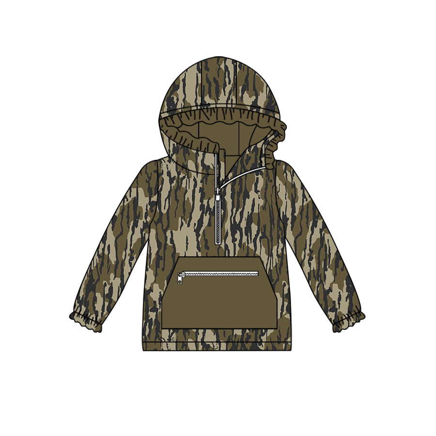 preorder GT0628 Army Green Camouflage Zipper Pocket Lace Hooded Long Sleeve Top