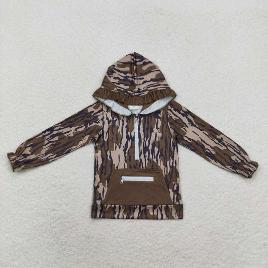 GT0628 Army Green Camouflage Zipper Pocket Lace Hooded Long Sleeve Top