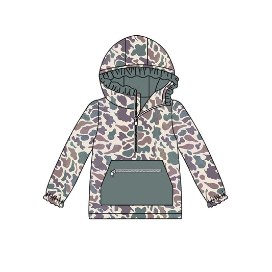 preorder GT0629 Brown Green Camouflage Zipper Pocket Lace Hooded Long Sleeve Top