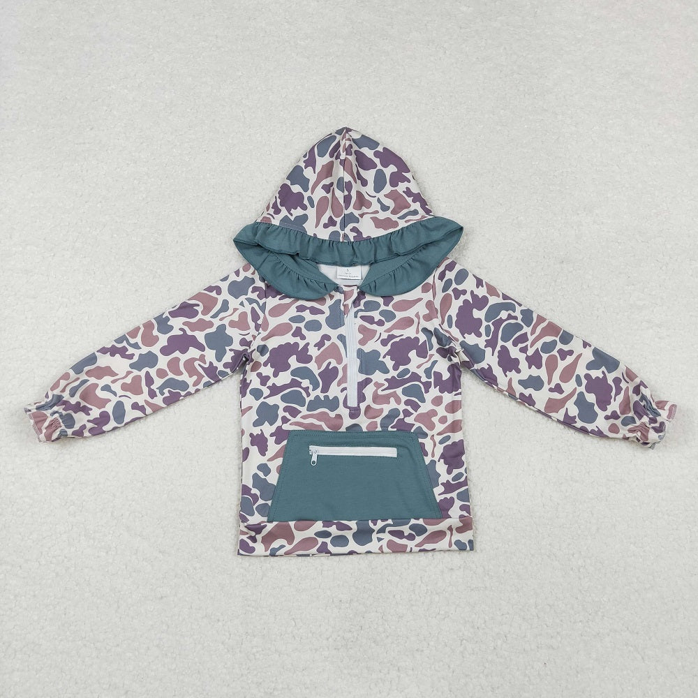 GT0629 Brown Green Camouflage Zipper Pocket Lace Hooded Long Sleeve Top