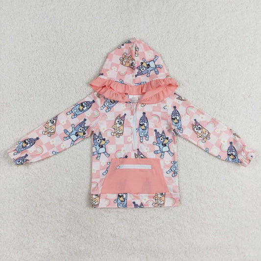 GT0633 Rainbow Flower Plaid Pink Pocket Lace Zipper Hooded Long Sleeve Top