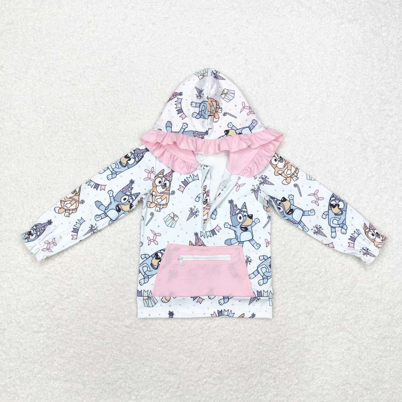 GT0634  Birthday Pink Pocket Lace Blue Zipper Hooded Long Sleeve Top