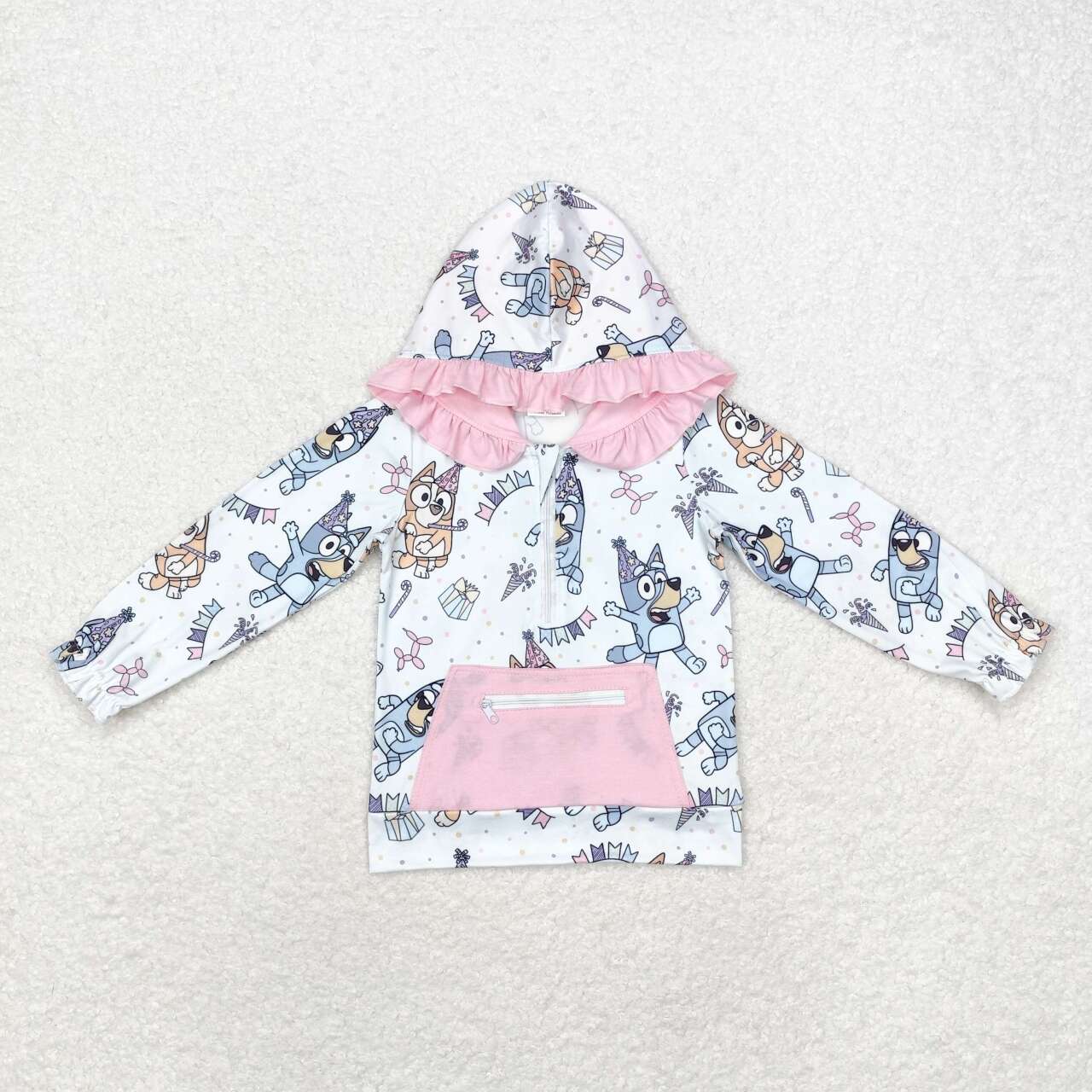 GT0634  Birthday Pink Pocket Lace Blue Zipper Hooded Long Sleeve Top