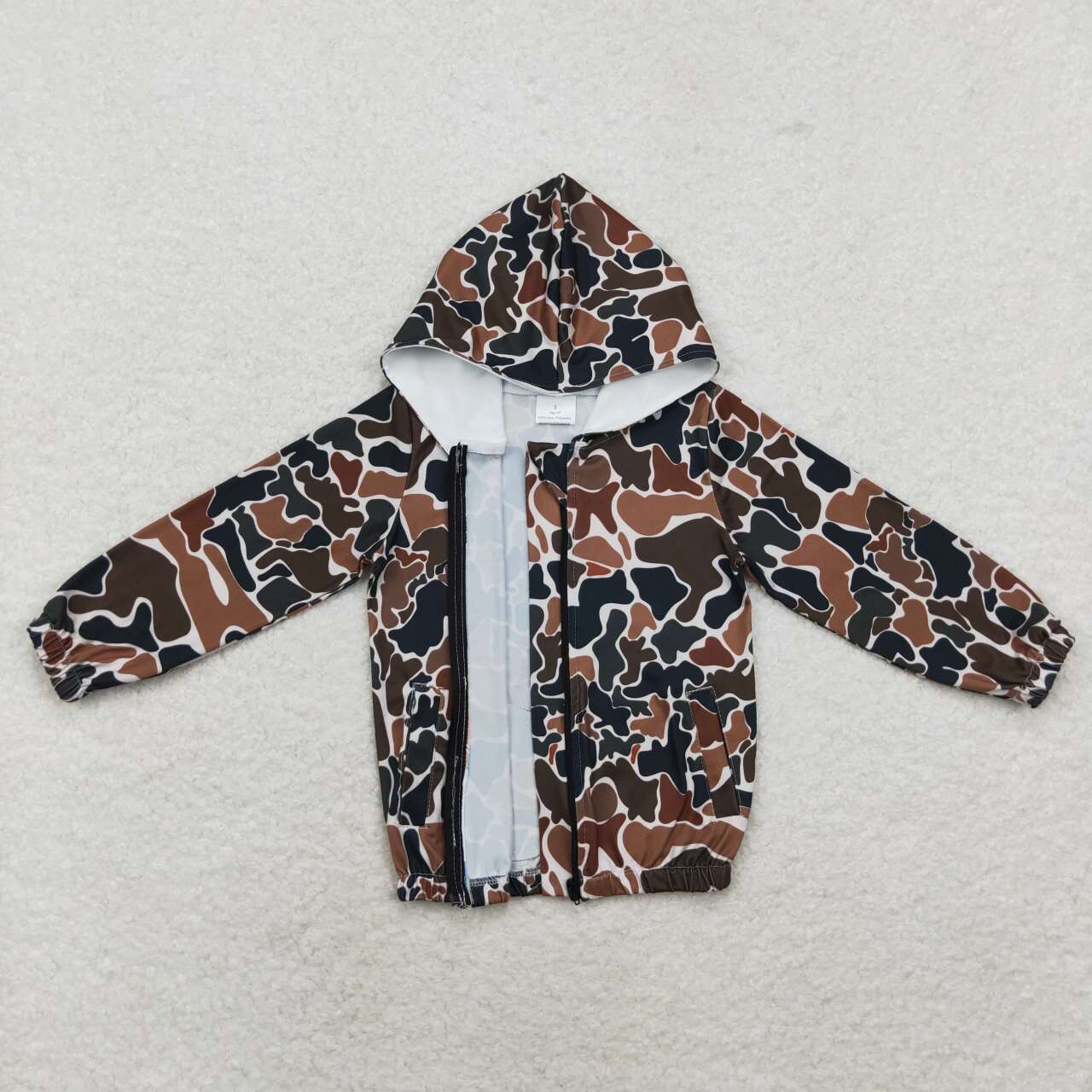 GT0635 Brown Green Camouflage Zip-Up Hooded Long Sleeve Top