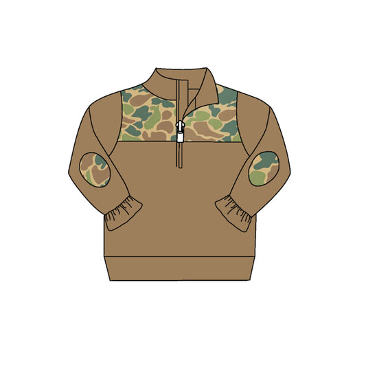 presale GT0639 Brown and Green Camouflage Lace Zipper Long Sleeve Top