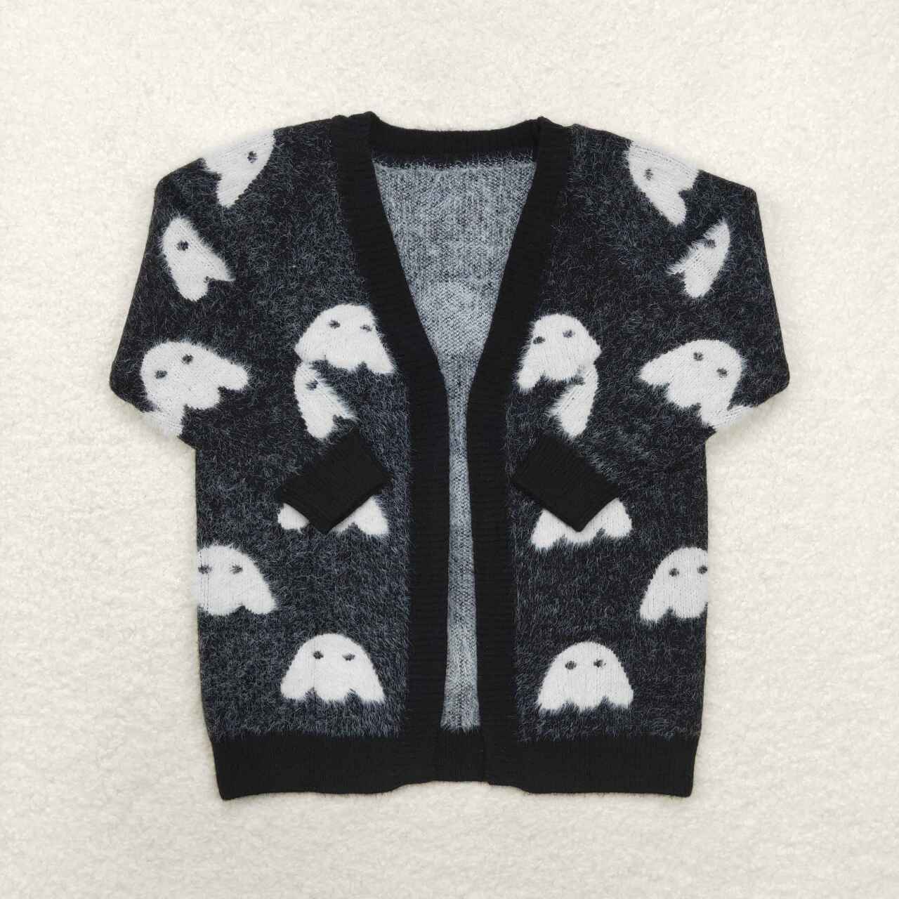 GT0649 Halloween Ghost Black Long Sleeve Cardigan Sweater