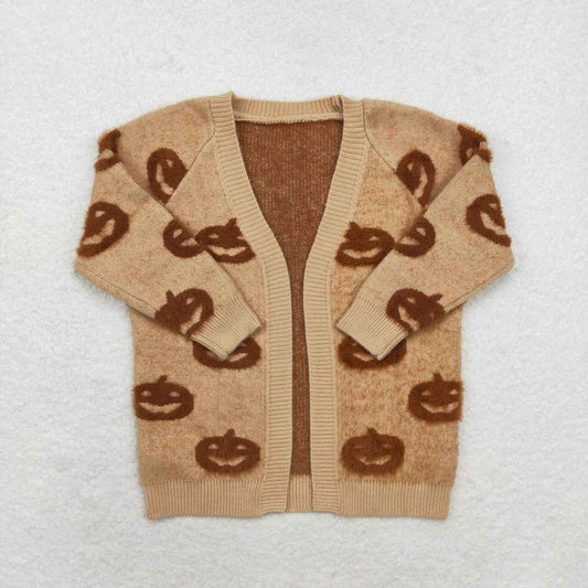 GT0651 Halloween Pumpkin Khaki Long Sleeve Cardigan Sweater