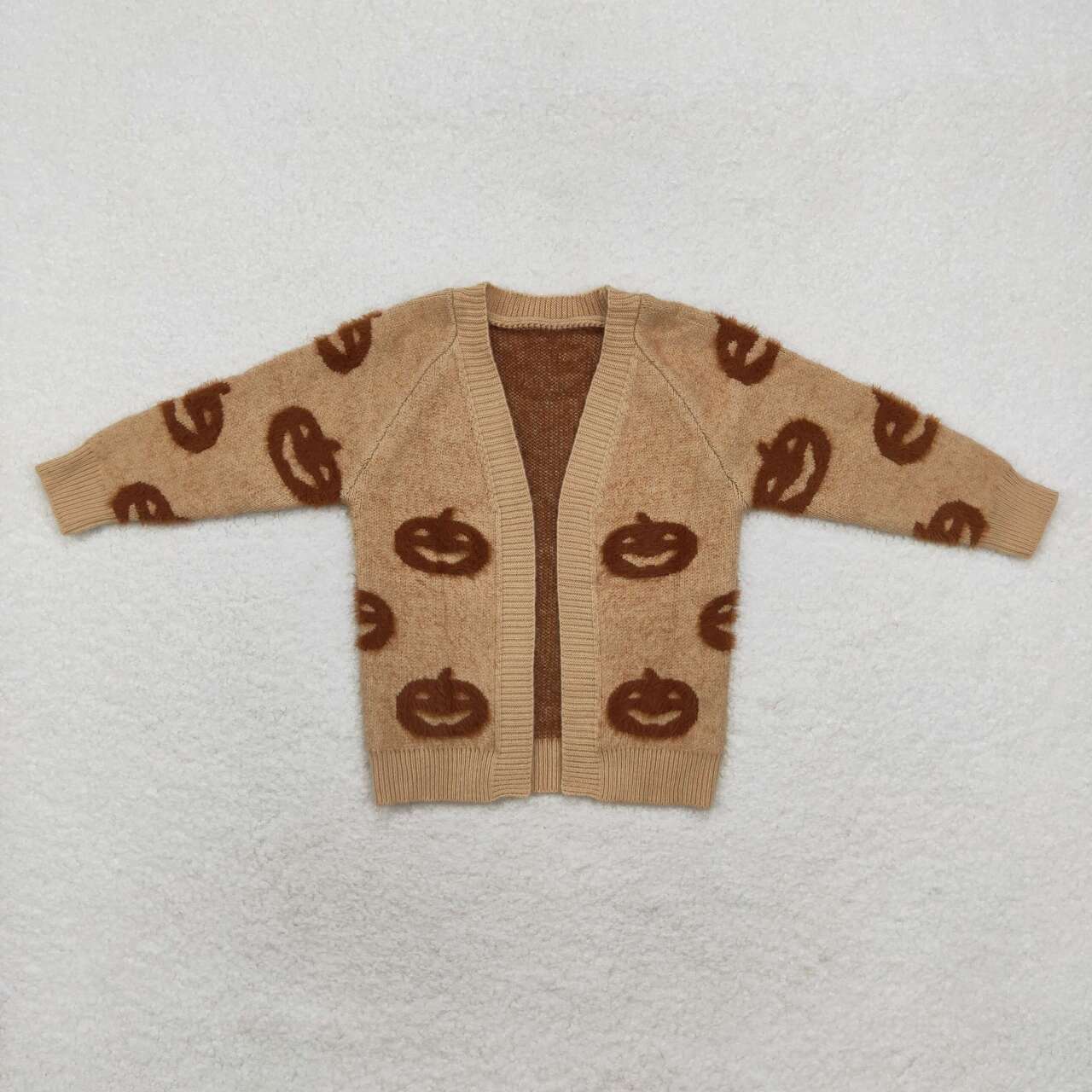 GT0651  Halloween Pumpkin Khaki Long Sleeve Cardigan Sweater