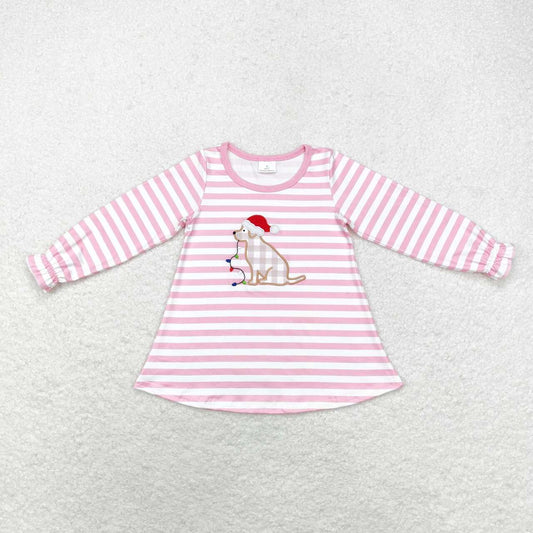 GT0659 Christmas hat puppy light striped pink and white long-sleeved top