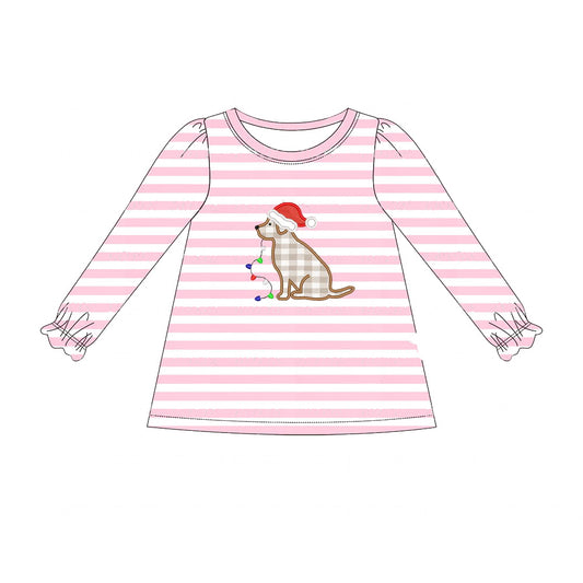 presale GT0659 Christmas hat puppy light striped pink and white long-sleeved top