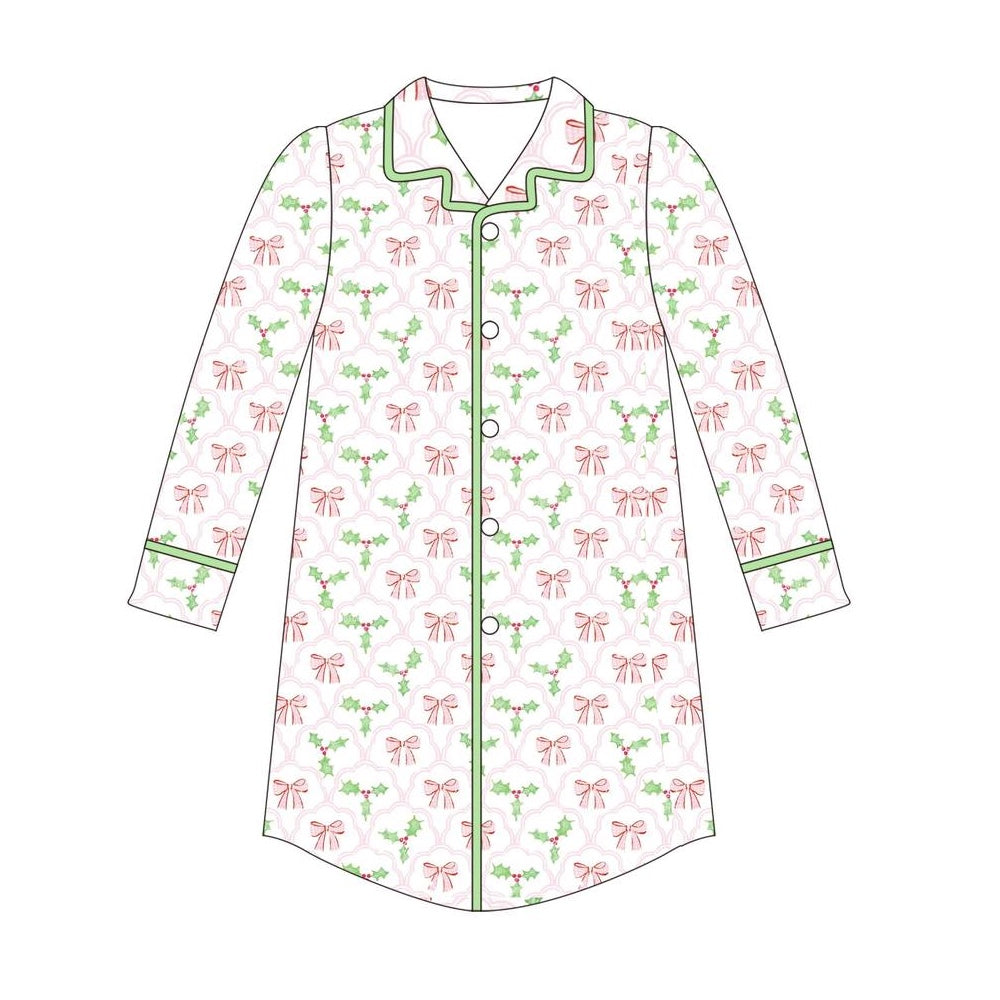 GT0661 Adult female pink bow pattern leaves white long sleeve top
