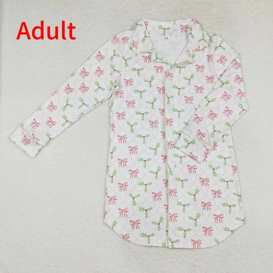 GT0661 Adult female pink bow pattern leaves white long sleeve top