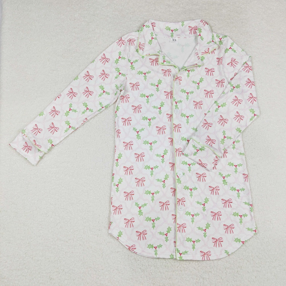 GT0661 Adult female pink bow pattern leaves white long sleeve top