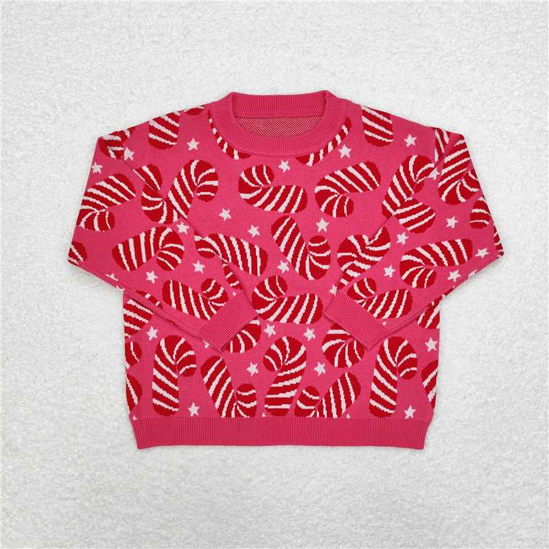 GLD0671 Baby Girls Pink Christmas Candy Cane Sweaters Sequin Skirt Clothes Sets