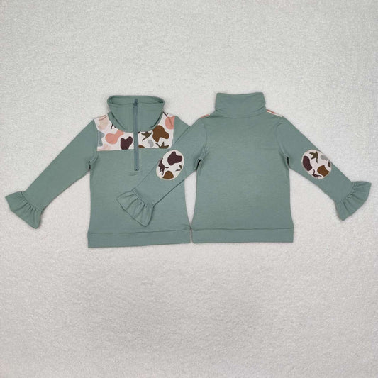 GT0669 Puppy Duck Camouflage Lace Green Zipper Long Sleeve Top