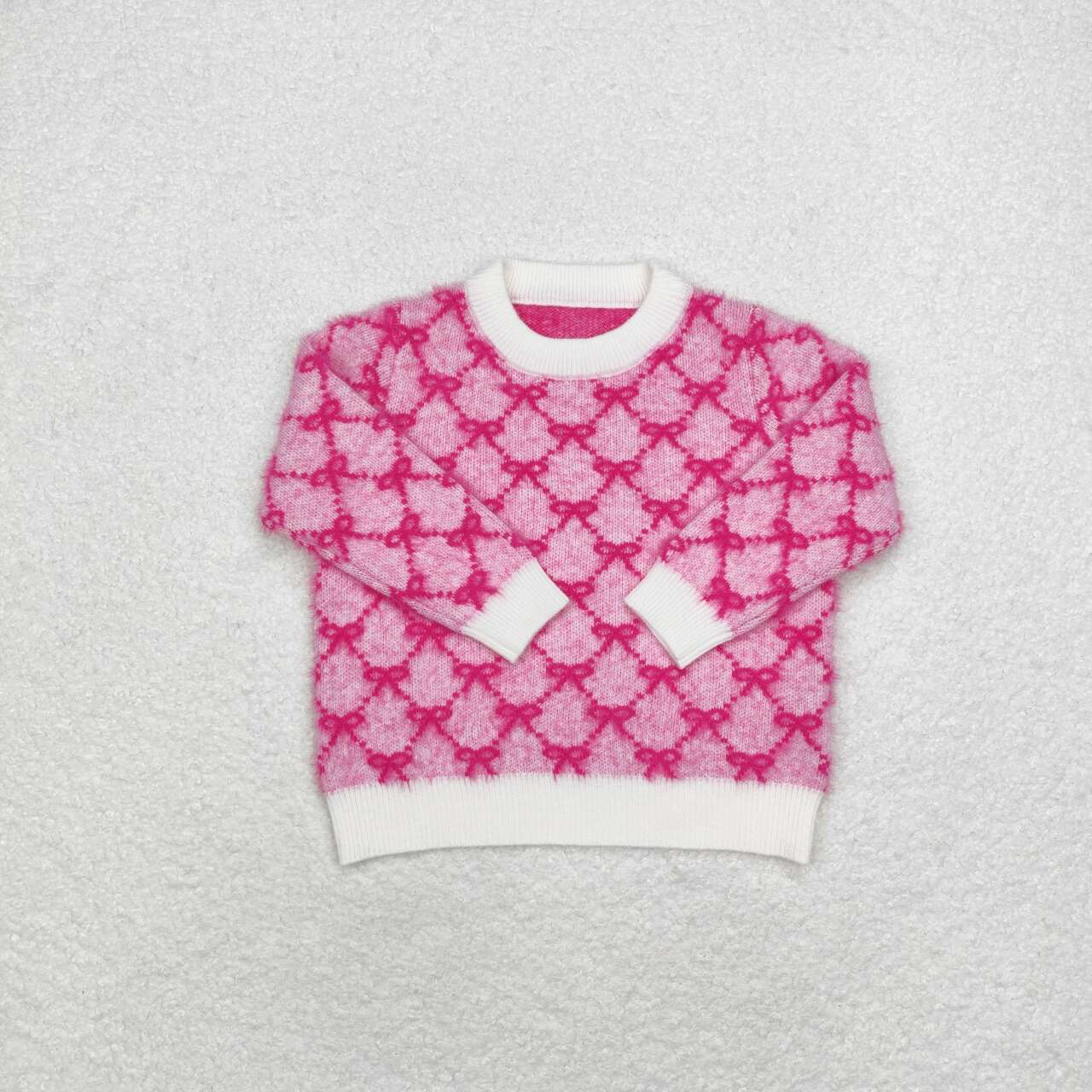 GT0686 Faux Mink Pink Long Sleeve Sweater with Bow