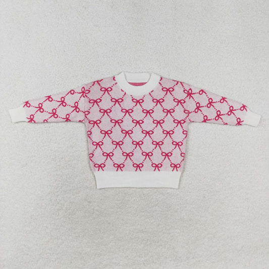 GT0687 Pink cotton long-sleeved sweater with bow pattern