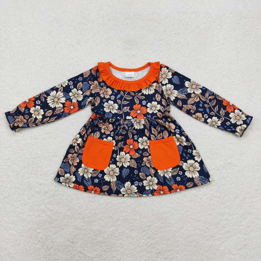 GT0691  Floral Orange Lace Pocket Navy Blue Long Sleeve Top