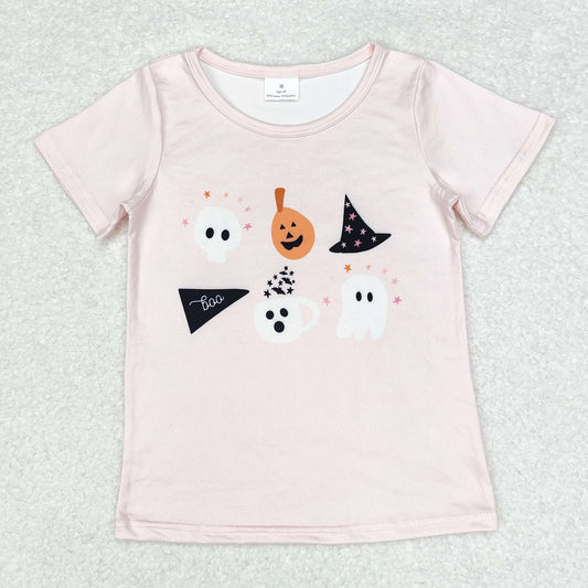 GT0698 Halloween Ghost Pumpkin Pink Short Sleeve Top