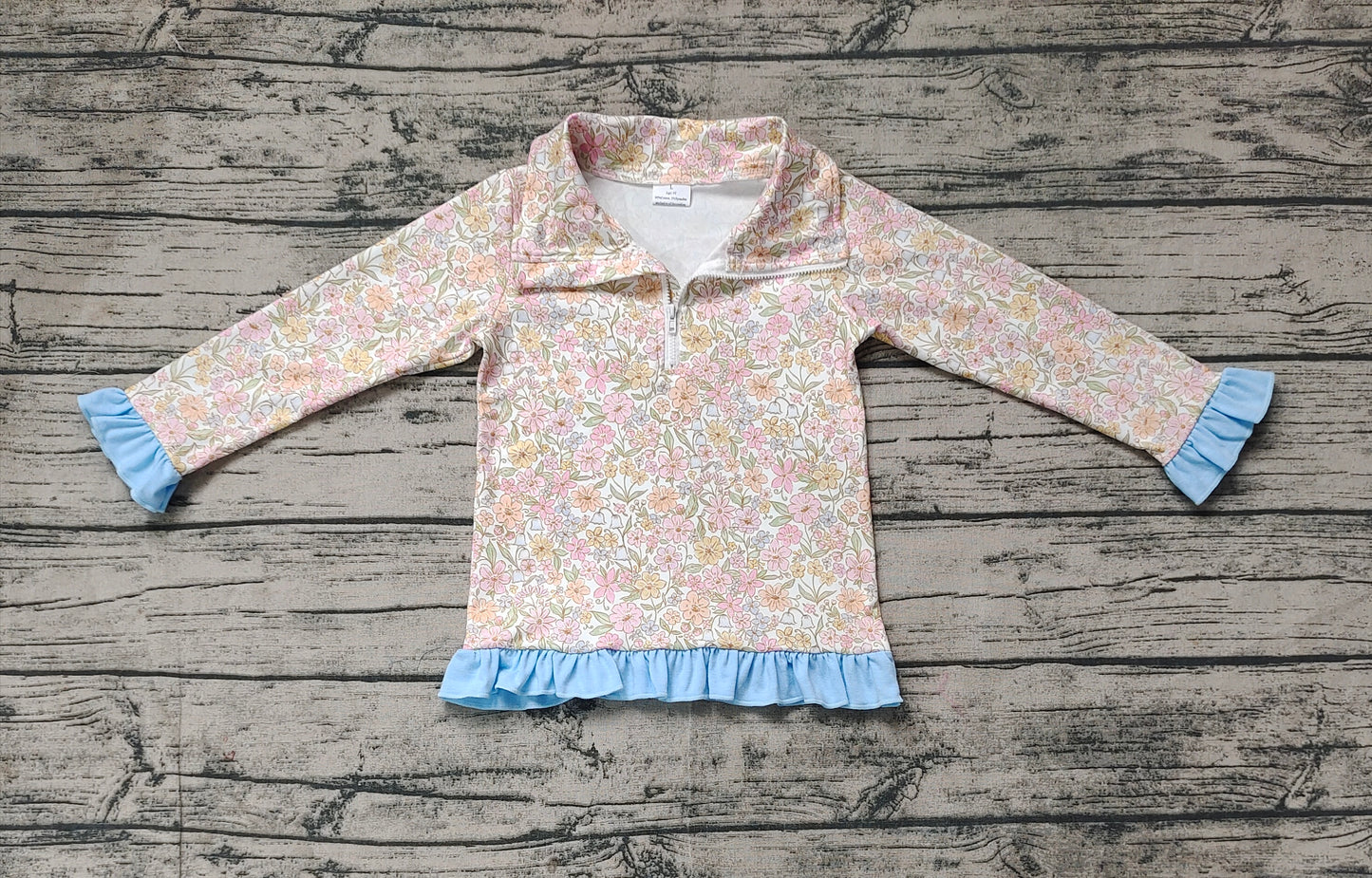 GT0722  Pink and yellow flowers and blue lace zipper long sleeve top