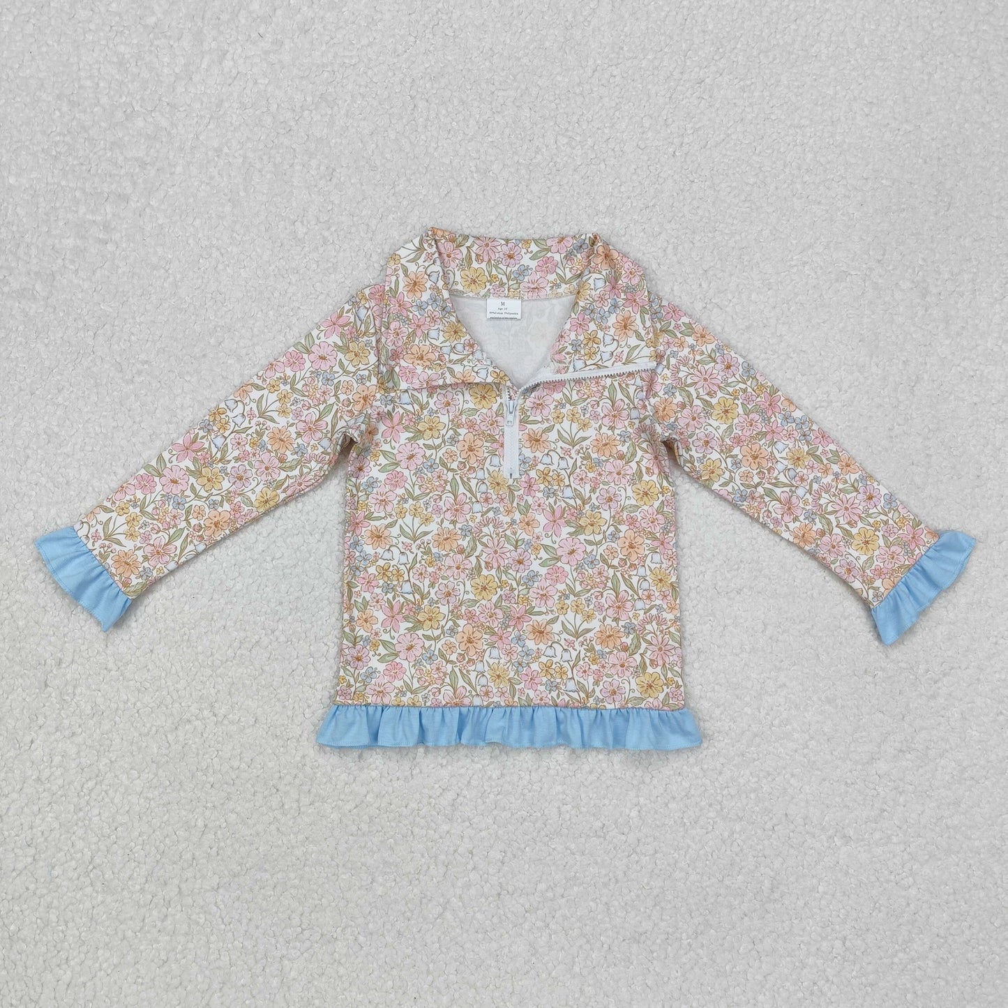 GT0722  Pink and yellow flowers and blue lace zipper long sleeve top