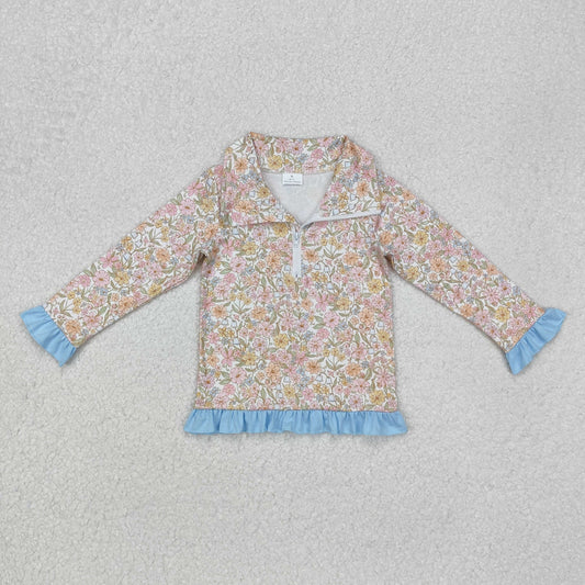 GT0722 Pink and yellow flowers and blue lace zipper long sleeve top