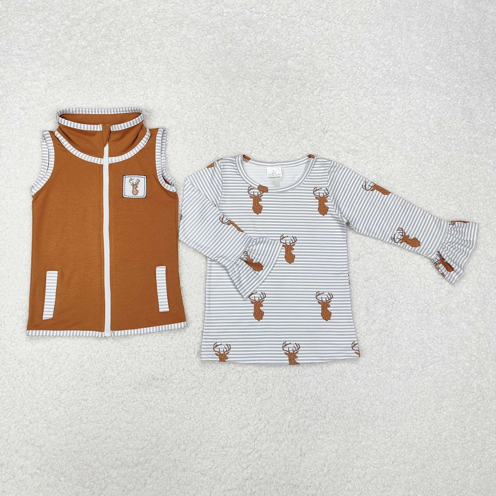 GT0742  Baby Girls Deers Hunting Tops Vest 2pcs Sets