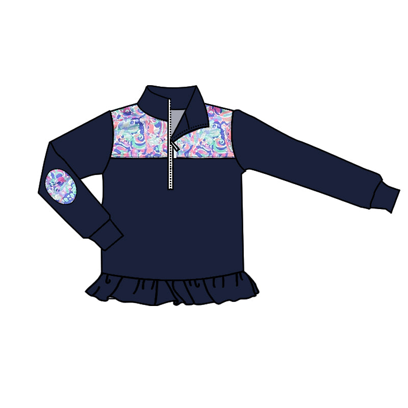 presale GT0767 Patterned navy blue lace zip-up long-sleeved top   2024 9.6