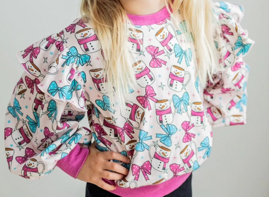 presale GT0770 Snowman Cup Bow Pattern Lace Pink Long Sleeve Top 2024 9.6