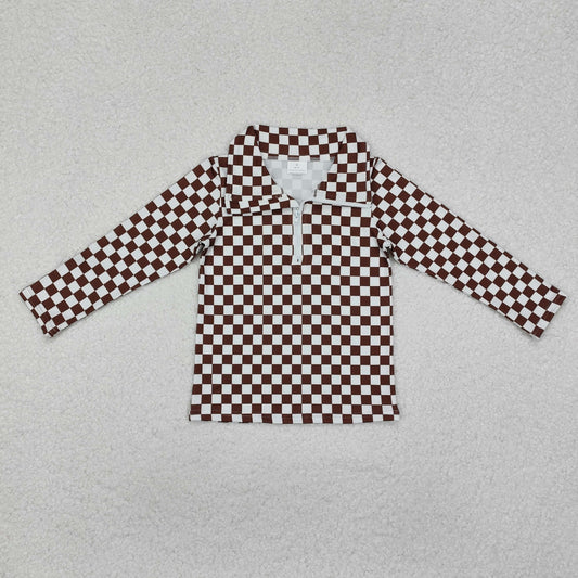 GT0793 Brown Plaid Zipper Long Sleeve Top