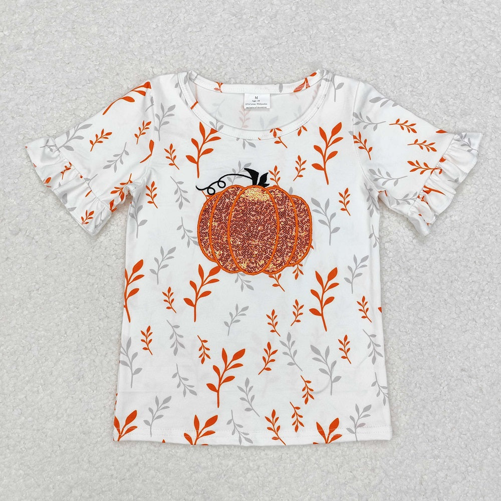 GSD1437 Pumpkin White Short Sleeve Orange Sequin Skirt Suit