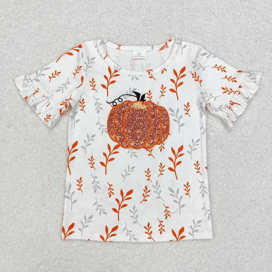 GT0824 White Sequin Pumpkin Short Sleeve Top
