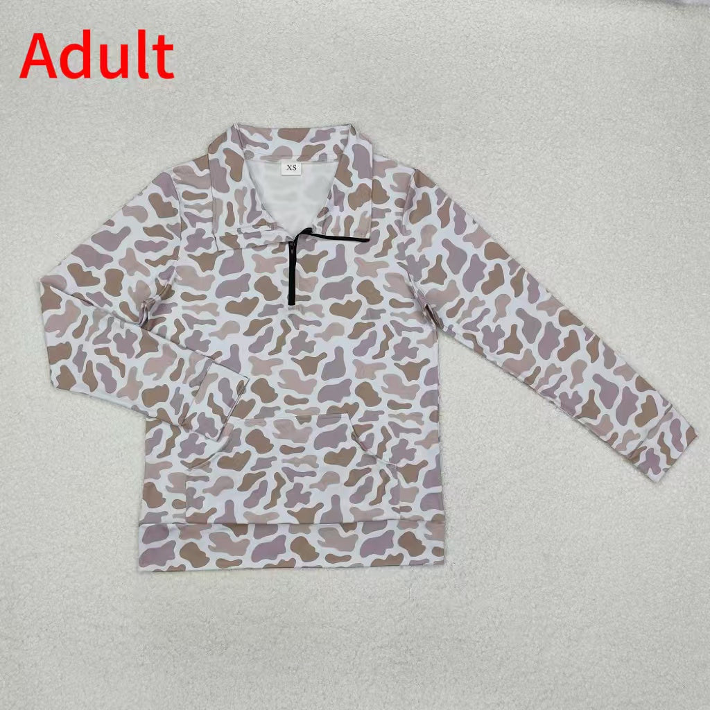 GT0831  Adult Women Pocket Camouflage Gray Brown Zipper Long Sleeve Top