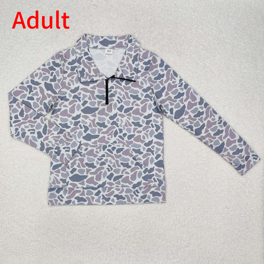 GT0832 Adult Women Pocket Camouflage Gray Blue Zipper Long Sleeve Top