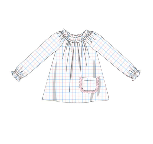 preorder GT0848 Powder Blue Plaid Lace Pocket Long Sleeve Top   2024 10.10