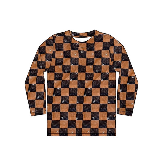 preorder GT0862 Star Brown and Black Plaid Long Sleeve Top 2024 10.17