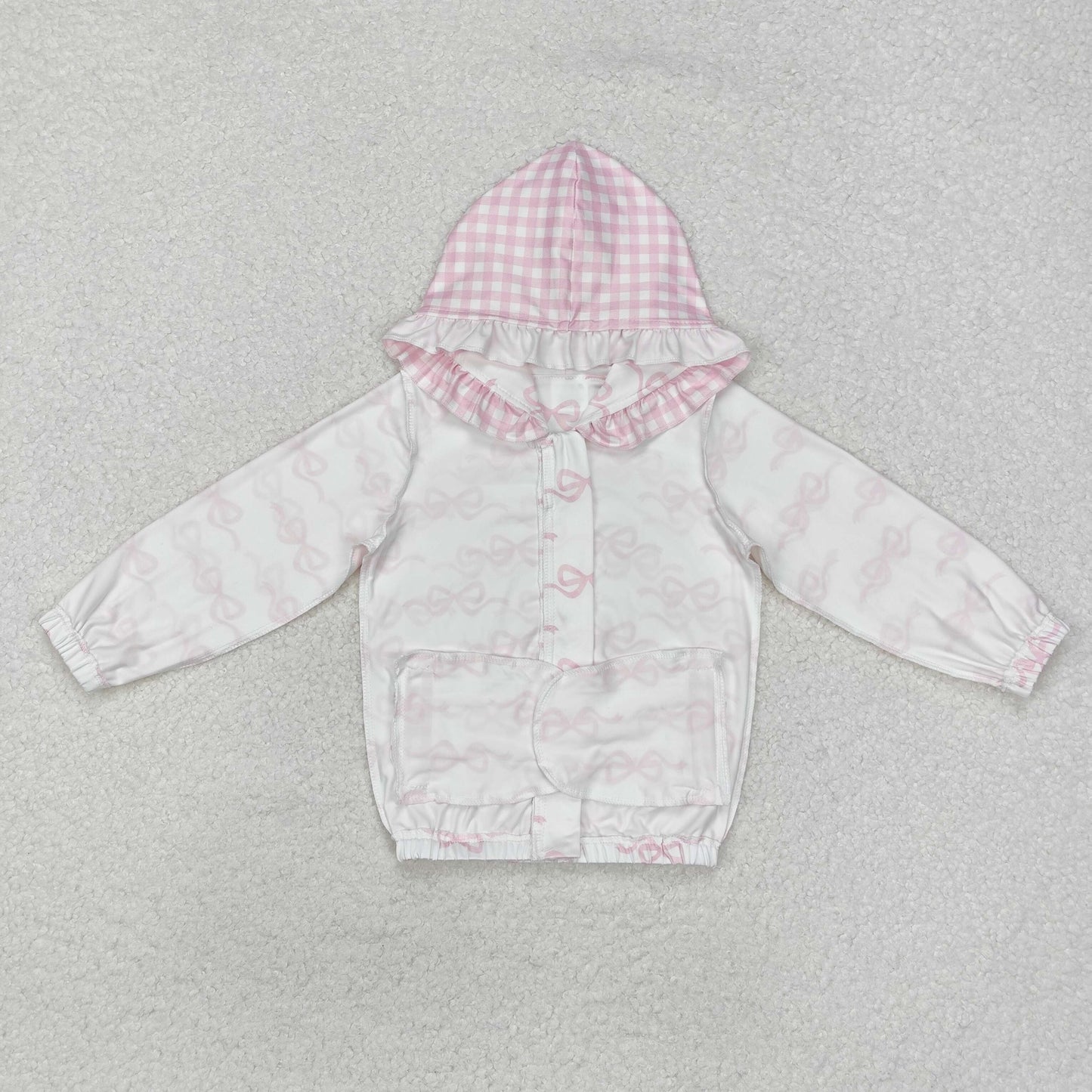 GT0873  Pink and White Plaid Zippered Hooded Long Sleeve Top with Bow Pattern