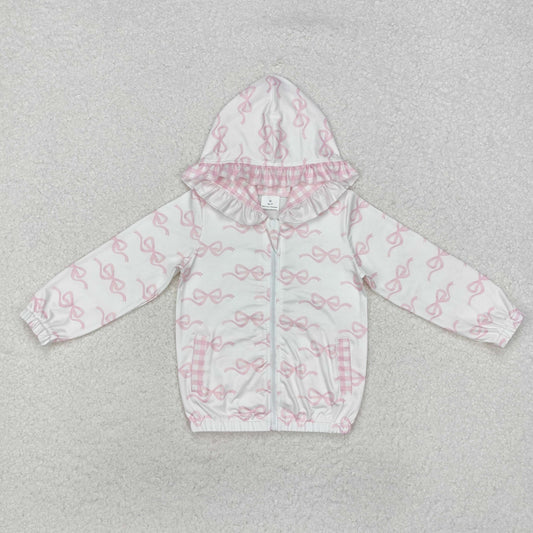 GT0873 Pink and White Plaid Zippered Hooded Long Sleeve Top with Bow Pattern