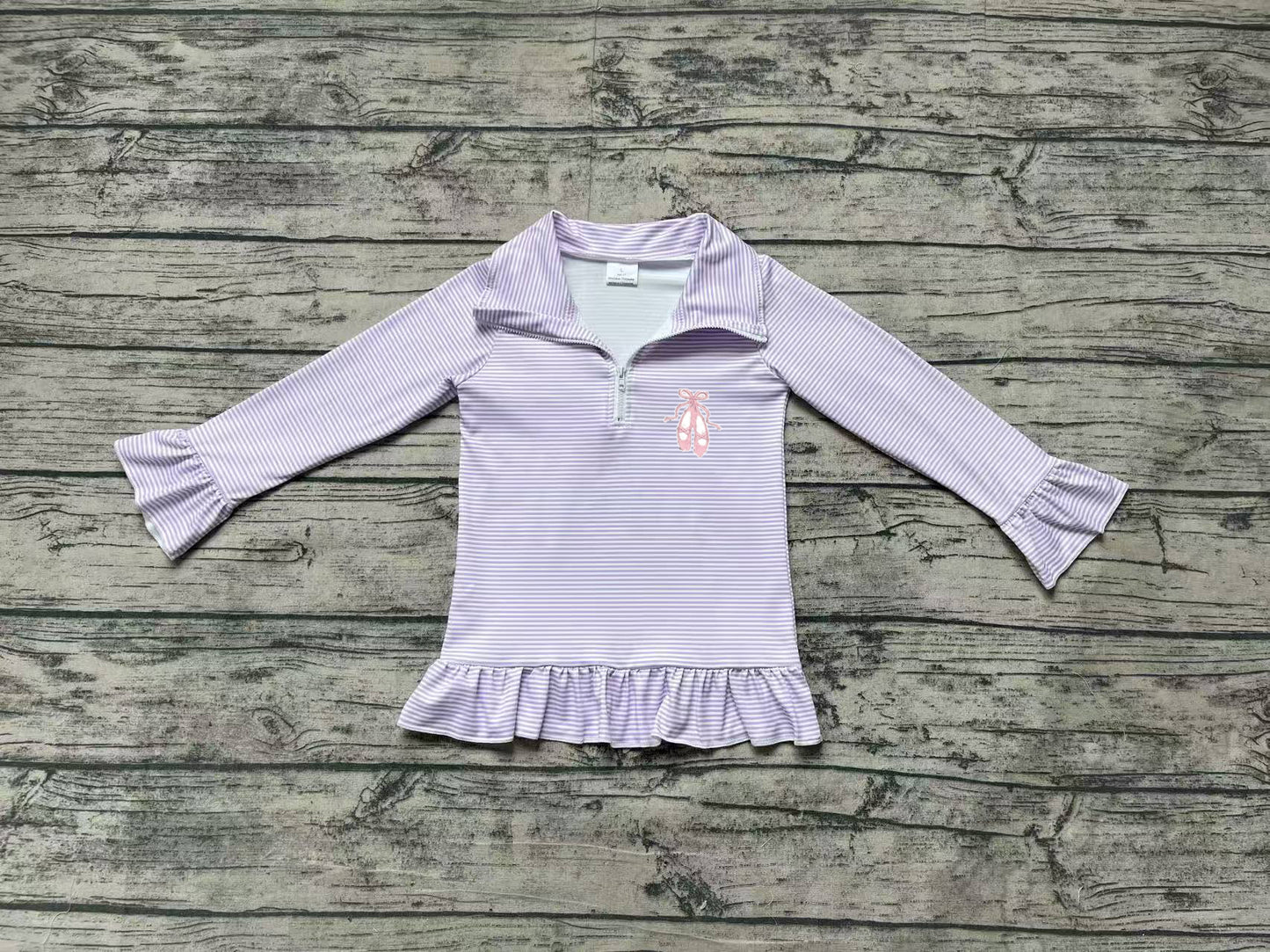 GT0887  Ballet Shoes Purple Striped Lace Zipper Long Sleeve Top
