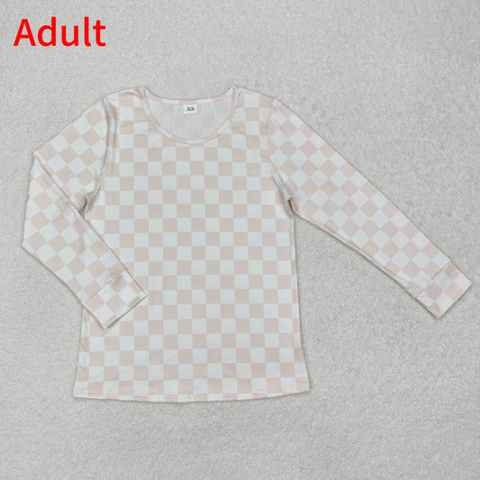 GT0906 Adult Women Pink Checkered Long Sleeve Shirts Tops