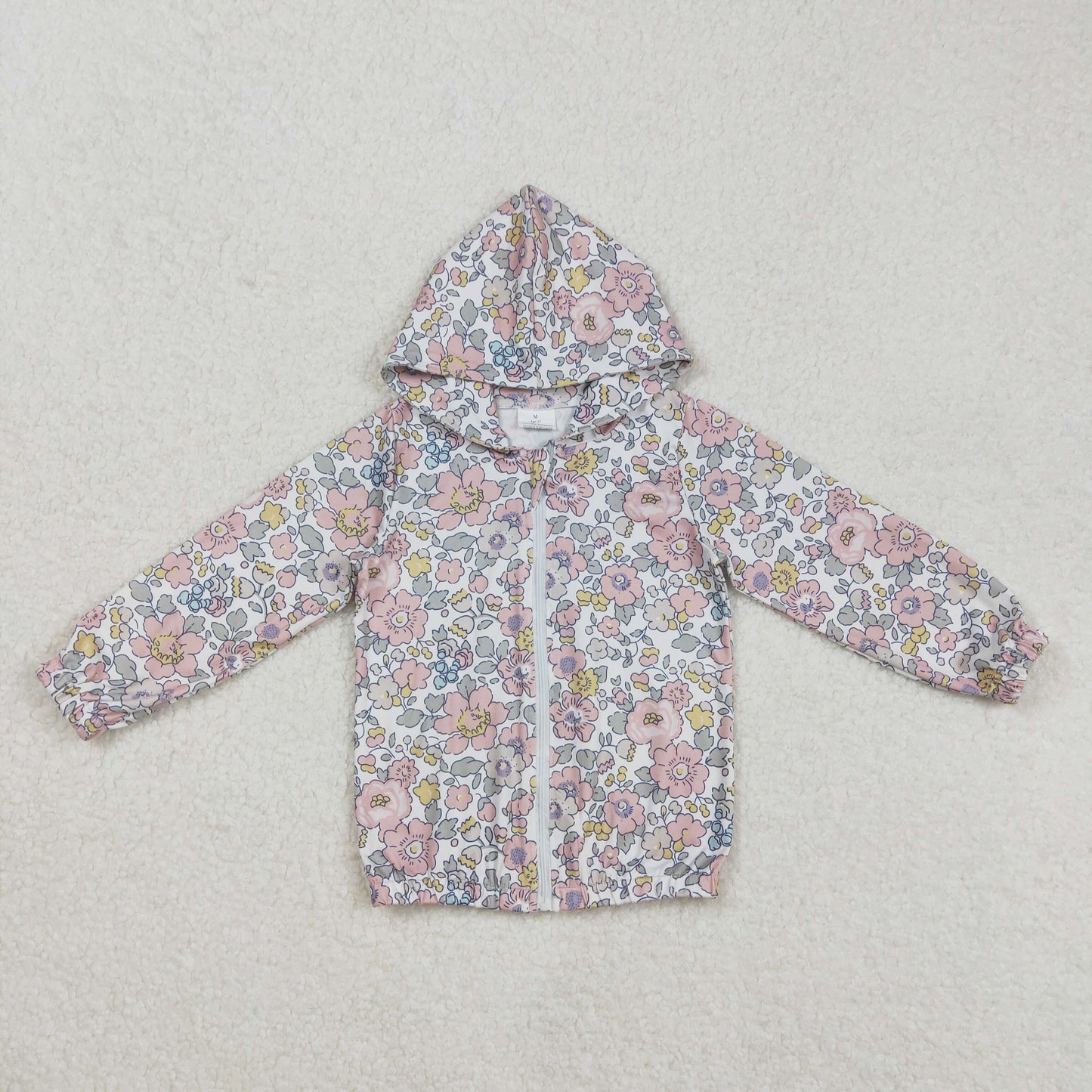 GT0914 Baby Girls Spring Pink Flowers Long Sleeve Hooded Zip Jacket Cardigan Tops