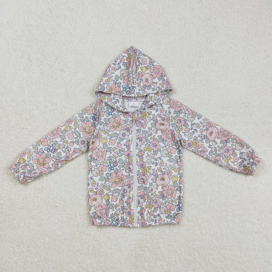 GT0914 Baby Girls Spring Pink Flowers Long Sleeve Hooded Zip Jacket Cardigan Tops