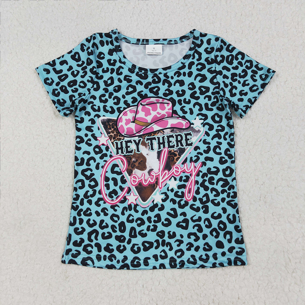 GT0934  Baby Girls Leopard Hey Cowboy Short Sleeve Tee Shirts Tops D 6.24