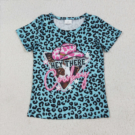 GT0934 Baby Girls Leopard Hey Cowboy Short Sleeve Tee Shirts Tops D 6.24