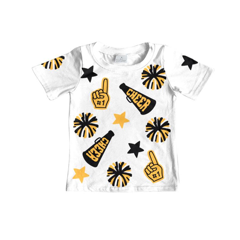 GT0939   Black and gold fireworks stars white short-sleeved top