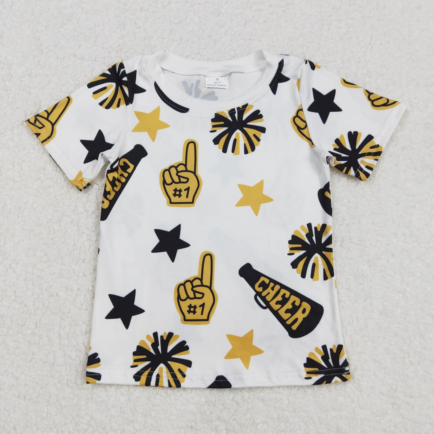 GT0939   Black and gold fireworks stars white short-sleeved top