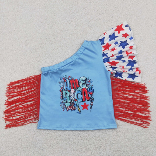 GT0942 National Day Red Tassel Star One Shoulder Top  D 4.7