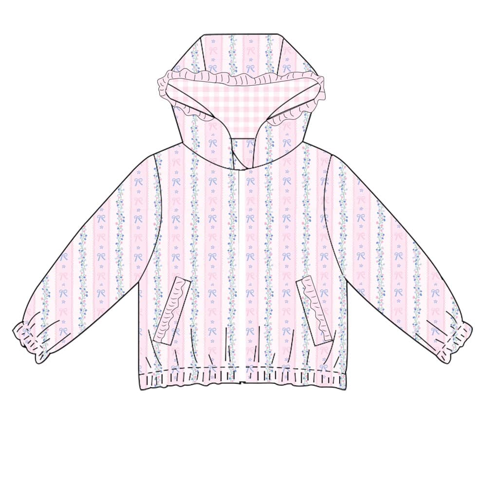 presale GT0976 Baby Girls Pink Long Ruffle Sleeves Floral Stripe Pockets Hoodies Top  D 3.21