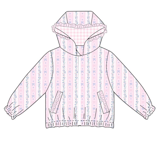 presale GT0976 Baby Girls Pink Long Ruffle Sleeves Floral Stripe Pockets Hoodies Top  D 3.21